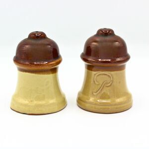 Vintage Stoneware Salt & Pepper Shakers Bell Shape Two-Tone Brown Retro Pottery